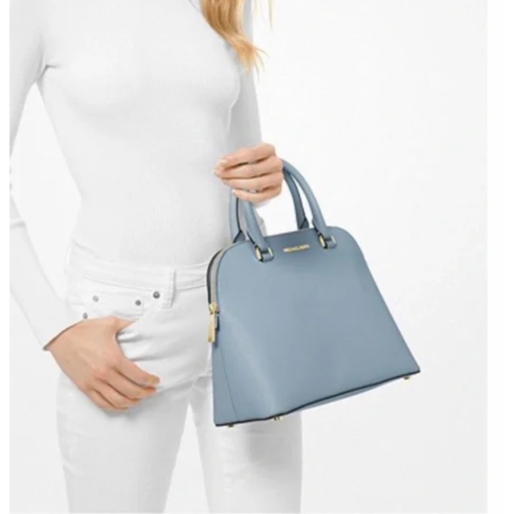 Michael Kors Cindy Large Leather Dome Satchel Pale Blue